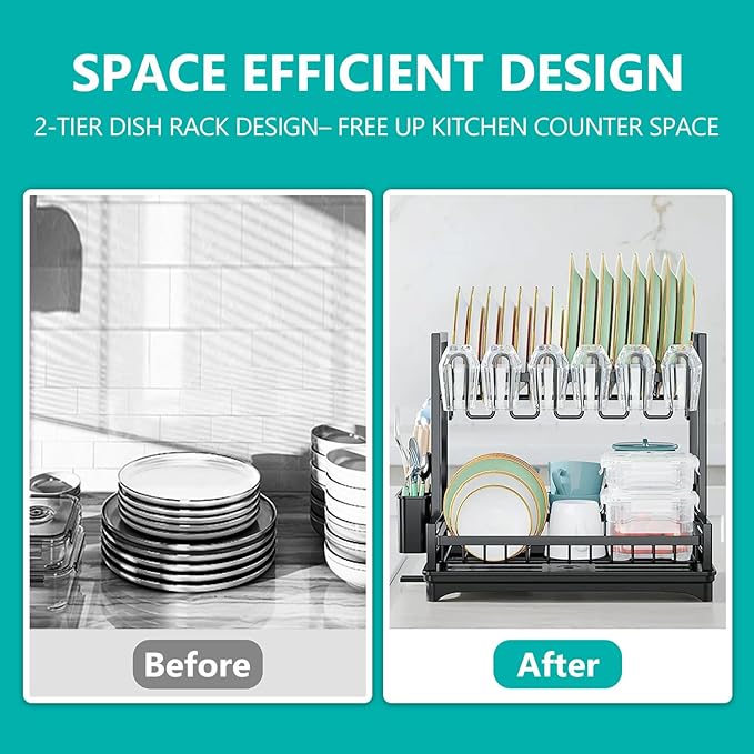 2-Tier Dish Drying Rack Dish Drainer Dish/Cup/Cutting Board Cutlery Holder Dish Drainer Rack Multifunctional Storage Rack w/Drainboard & 360° Telescopic Drain Pipe for Kitchen (Black)