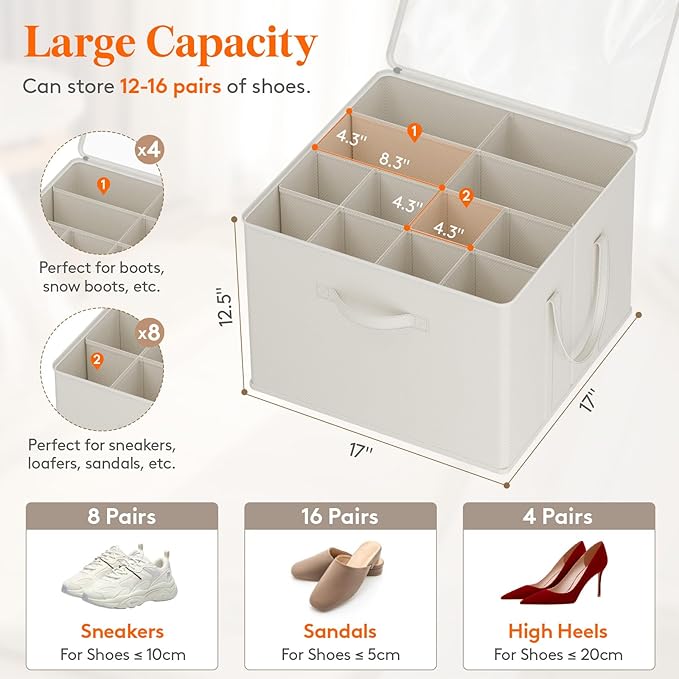 Lifewit Shoe Storage Organizer for Closet, Fits 12-16 Pairs, Large Shoe Box Storage Containers with Clear Cover and Reinforced Handles, Foldable Storage Bins Fits for Boots Heels Sneakers White-NeatNest