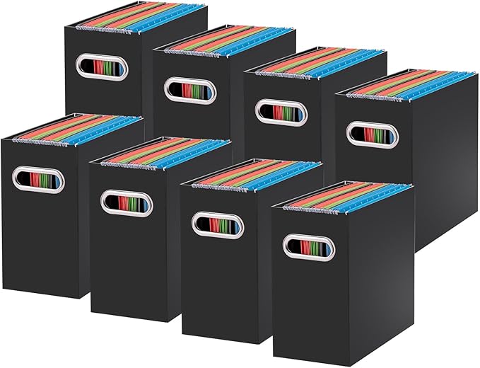 Oterri File Organizer, 8 Packs Small Storage Box, Cardboard File Folder Organizer, Collapsible File Box for Hanging File Folders Letter Size, Portable Filing Organizer with Handle (Black