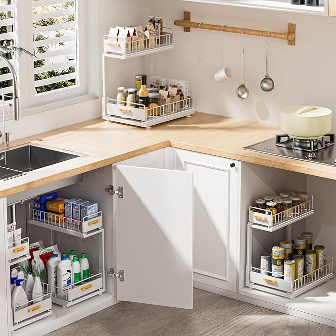 Under Sink Organizer, High Adjustable 2 Tier Under Kitchen Sink Organizer, Multi-Purpose Storage Shelf for Kitchen Bathroom Cabinet, White-NeatNest