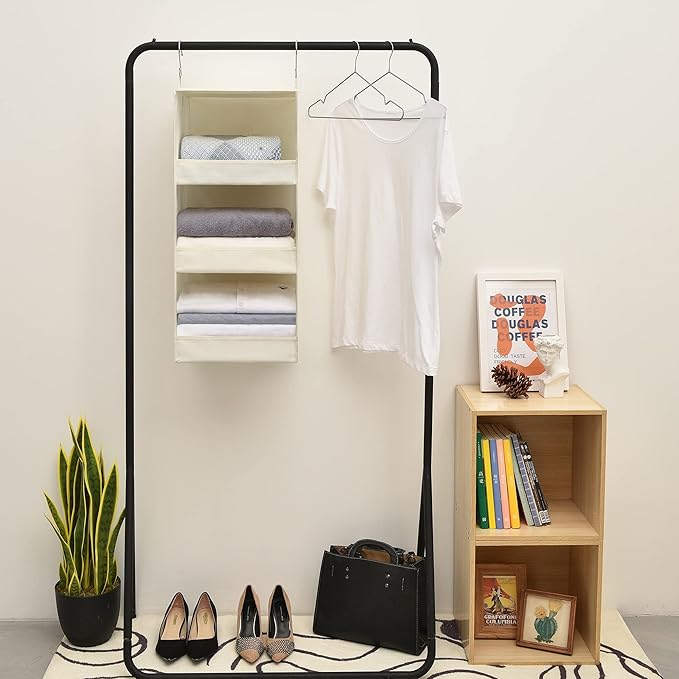 GRANNY SAYS 3-Shelf Hanging Organizer, Foldable Hanging Closet Storage, Hanging Shelves for Wardrobes & RV Closet, Beige, 29 ½" H X 12" W X 12" D, 1-Pack-NeatNest
