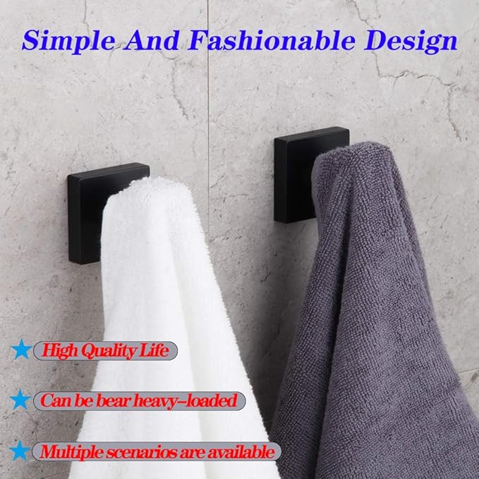 GERZWY Bathroom Matte Black Coat Hook SUS 304 Stainless Steel Single Towel/Robe Clothes Hook for Bath Modern Style Wall Mounted 2 Pack FG1607-2BK