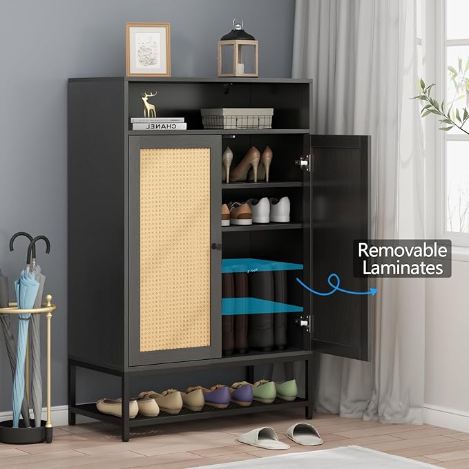 Rattan Shoe Organizer with Doors, Shoe Storage Cabinet with Adjustable Shelves for Entryway, 7-Tier Entryway Shoe Rack Storage for Hallway, Closet, Living Room-NeatNest
