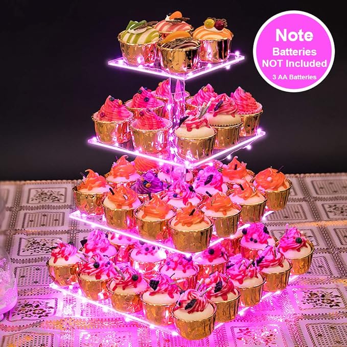 Cupcake Stand – Premium Cupcake Holder – Cady Bar Party Décor – 4 Tier Acrylic Tower Display for Pastry + LED Light String – Ideal for Weddings, Birthday (Pink Light)-NeatNest