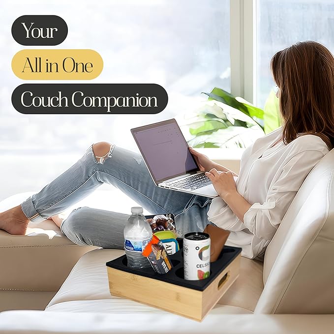 Bamboo Couch Cup Holder ā 100% Wood Frame & Removable BPA-Free Silicone ā Waterproof Anti-Spill Couch Tray & Couch Caddy for Bed, Sofa & Car Seat ā Holds Snacks, Beverages & Remote-NeatNest
