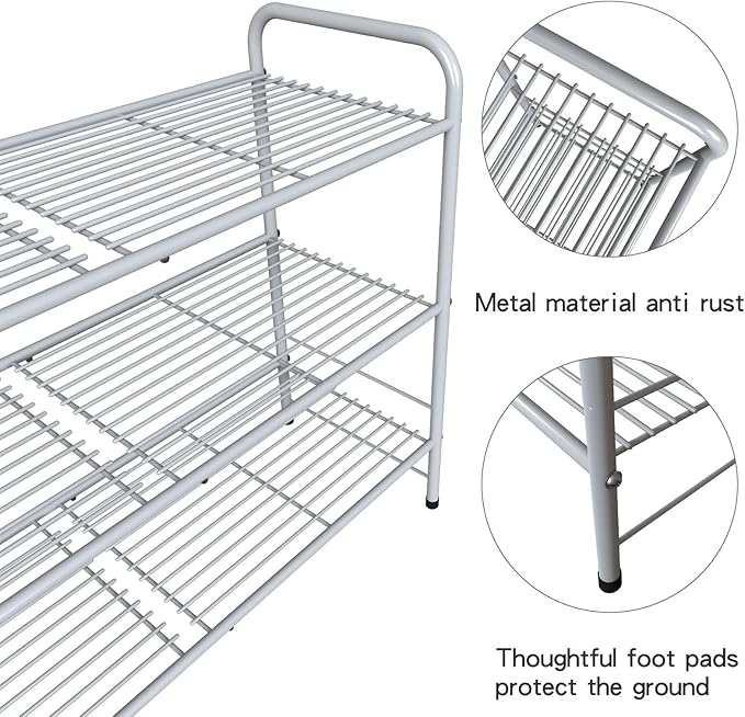 3-Tier Long Metal Shoe Rack,Extra Large Capacity Adjustable Stackable Shoe Organizer Shelf for Closet Entryway,Silver 42" W × 24.5" H-NeatNest