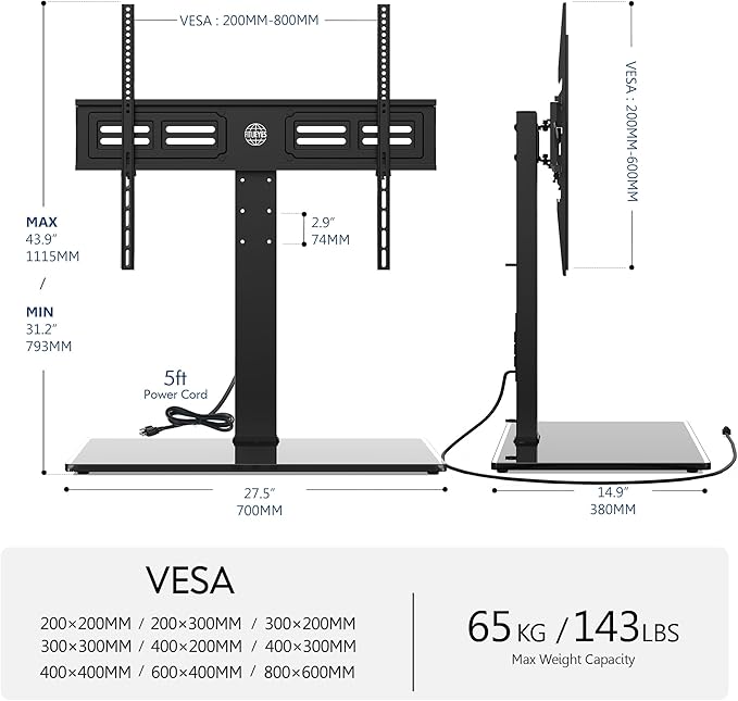 FITUEYES Universal TV Stand with Power Outlets for 50-85 inch TVs, Swivel&Height Adjustable Tall TV Stand for Bedroom Living Room, 27.5''Large Tempered Glass Base Holds up to 143 lbs.