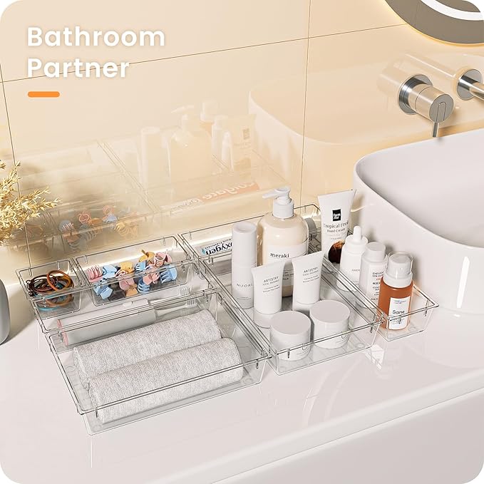 【Crystal Design】A-LUGEI Clear Drawer Organizer,【Military Grade】Acrylic Makeup Organizer, Bathroom Organizers and Storage, Organization and Storage, Organizer Bins for Office Vanity Kitchen Tool Trays-NeatNest