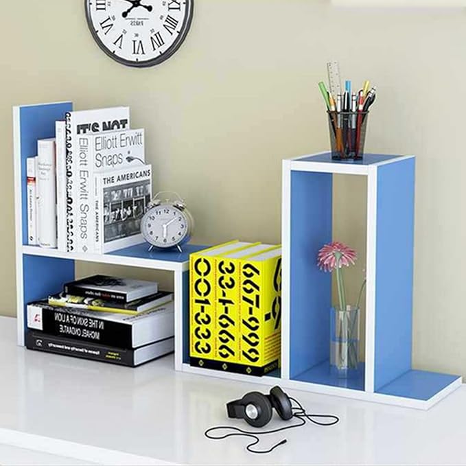 Desktop Shelf Organizer, Adjustable Wood Office Storage Rack, Counter Display Small Bookshelf for Home/Office/School(Blue)-NeatNest