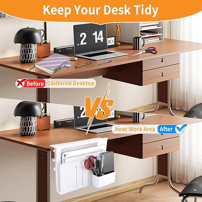Desk Side Storage Under Desk Laptop Holder, No Drill Hanging Desk Organizer with Pen Holder, Clamp-On Table Side Tray Desktop Organization Mount for Office and Home (White)-NeatNest