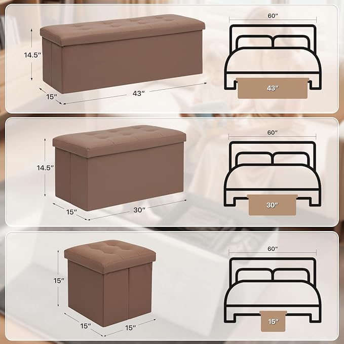 Ottoman Folding Storage Bench, 15x15x15 Inch, Foot Rest Stool for Living Room, Bedroom, Entryway, End of Bed - Multi-Functional Ottoman with Storage Brown