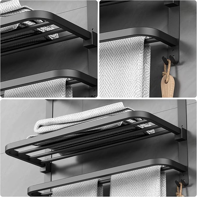 22.8Inch Towel Rack for Bathroom and Lavatory Towel Hanger with Wall Mount Towel Bars 304 Stainless Steel No Drill (Collapsible Black Towel Rack)