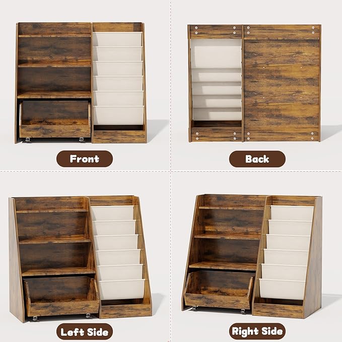 COZPAW Kids Bookshelf and Toy Storage, 4 Tier Toddler Bookshelf with Movable Drawer 5 Sling Pockets, Montessori Book Shelf for Kids Room, Playroom, Nursery (Brown)-NeatNest