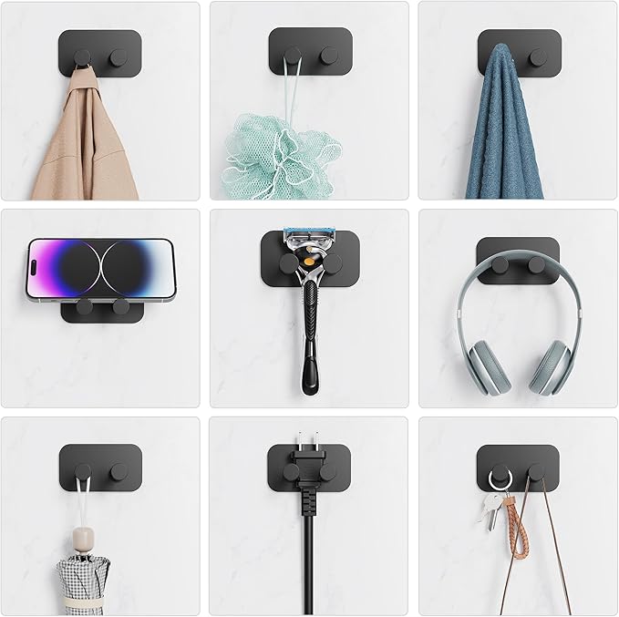 Adhesive Shower Hooks for Bathroom - Heavy Duty Hooks for Towel, Shaver, Robe and Loofah, Razor Holder, Wall Mounted, Black, 4 Pack