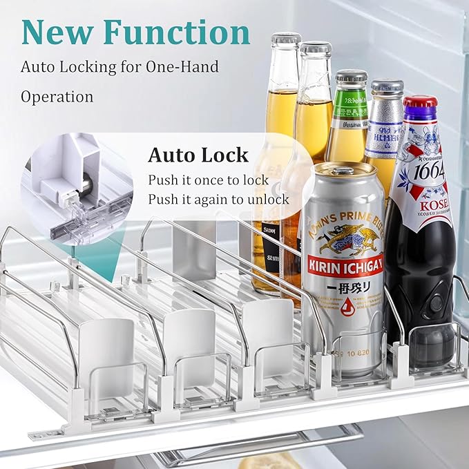 Drink Organizer for Fridge, Soda Can Organizer Dispenser for Refrigerator with Automatic Pusher Glide, Width Adjustable Clear Dividers Can Holder for 6-20oz Beverage, 15''D x15.4''W, 5 Rows