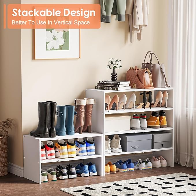 2-Tier Expandable White Shoe Rack Organizer for Closet, Stackable Shoe Rack Storage Shelf, Small Iron Wood Combination Shoe Shelves for Closets,Entryway,Front Door, Narrow Space,Hallway,6-12 Pairs-NeatNest