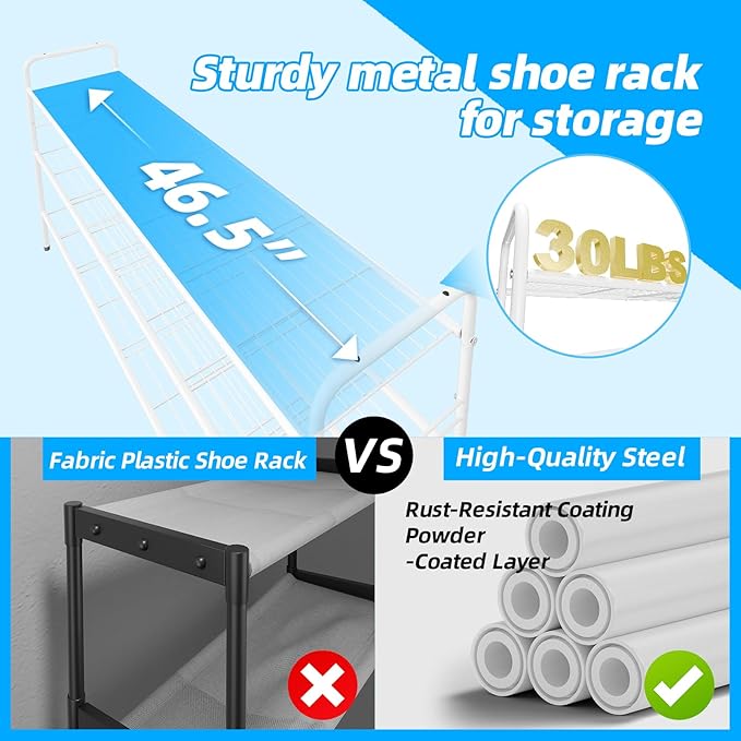 3 Tier Shoe Rack for Closet, 46.5 Inch Extra Long Shoe Storage Organizer for Shelves, Heavy Duty Metal, Easy Assembly, White-NeatNest