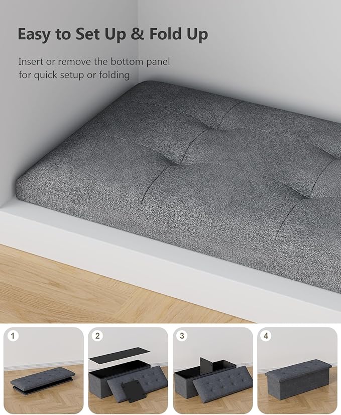 Folding Storage Ottoman Bench, Multi-Functional Ottoman Footrest, End of Bed Bench, Storage Chest for Living Room, Bedroom, Hallway, Entryway, Holds Up to 700 lbs (Dark Gray, 43 Inches)