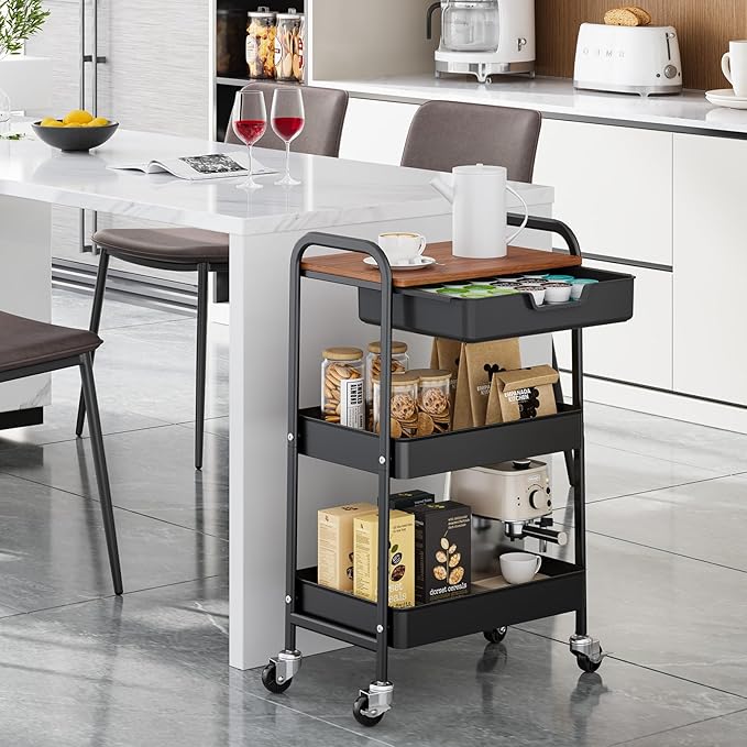 TOOLF 3-Tier Utility Rolling Cart with Wooden Board and Drawer, Metal Storage Cart with Handle, Black Trolley Kitchen Organizer Rolling Desk with Locking Wheels for Office, Classroom, Home, Bedroom-NeatNest