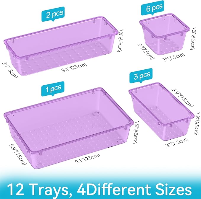 12-Piece Drawer Organizer Set, 4 Sizes Versatile Plastic Vanity Organizer for Makeup, Stationery, Gadgets, in Kitchen, Bathroom, Office, and Bedroom, Purple-NeatNest