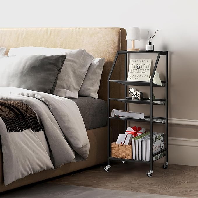 Bathroom Freestanding Towel Rack Table 5 Tier Metal Rolling Utility Cart with Storage for Bath Living Room Bedroom, Black