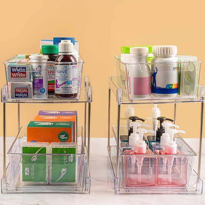 1Pack 2-Tier Bathroom Storage Organizer, Clear Under Sink Organizers Kitchen Vanity Counter Storage Container, Medicine Cabinet Drawers Bins, Pull-Out Organization with Track for Pantry-NeatNest