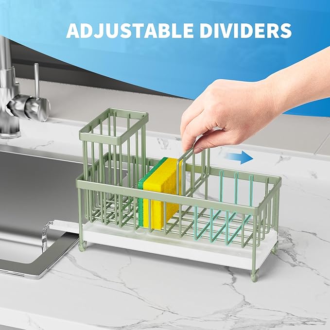 Cisily Sage Green Sponge Holder for Kitchen Sink, Sink Caddy Organizer with High Brush Holder, Kitchen Countertop Organizers and Storage Essentials, Rustproof 304 Stainless Steel, Soap Dispenser-NeatNest