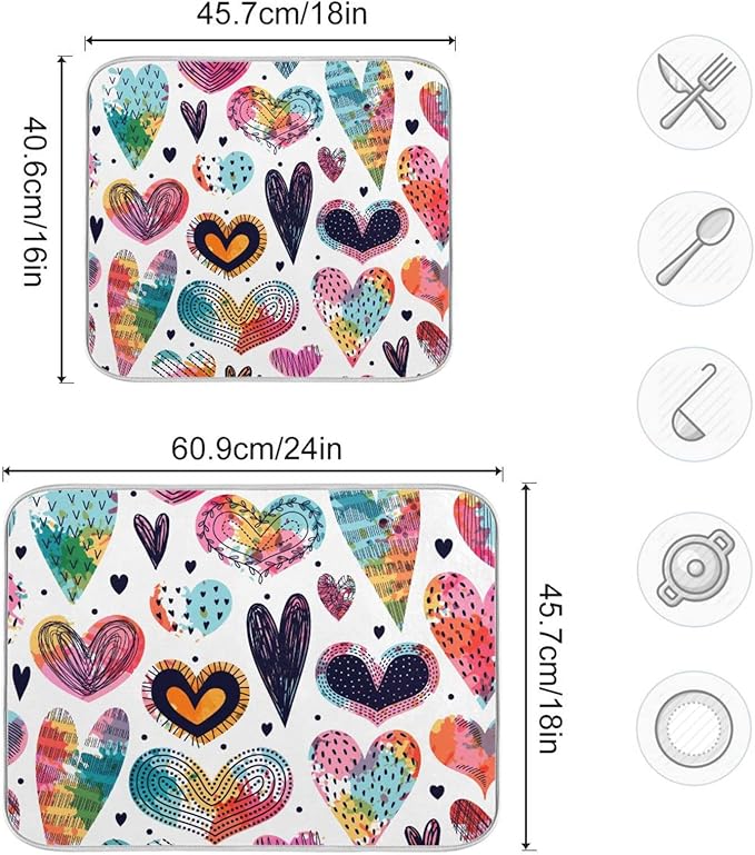 Absorbent Dish Drying Mat for Kitchen Counter - Cute Hearts Colorful Microfiber Drying Pad, Reversible Drainer Mats for Countertop, Small 16" x 18"