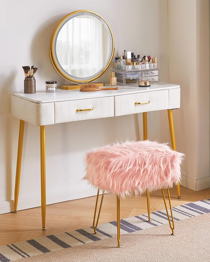 IBUYKE Rectangular Faux Fur Vanity Stool with Storage, Furry Makeup Chair Ottoman, Soft Padded Seat, Round Footrest Footstools with 4 Metal Legs, for Living Room Bedroom Entryway, Pink WBD022P