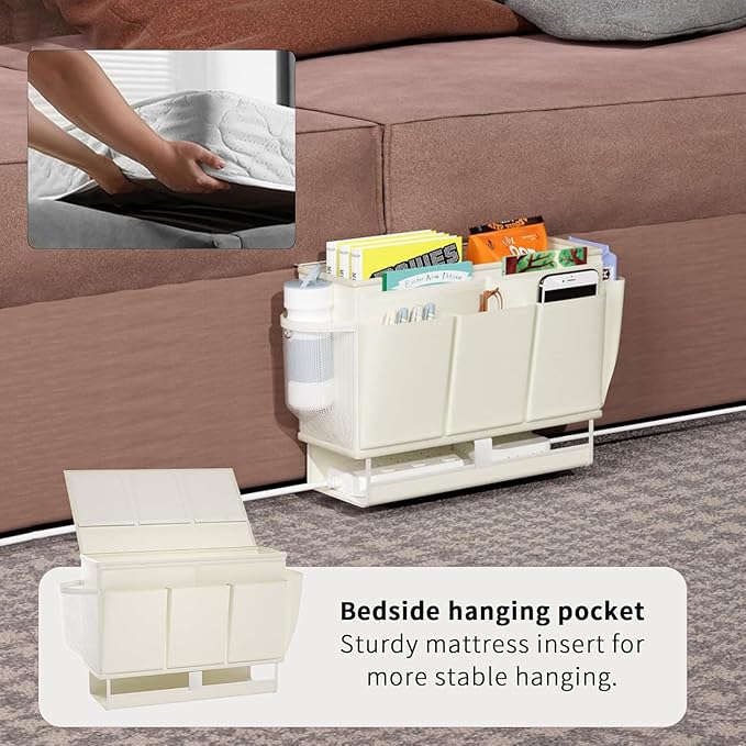 Bedside Caddy Bedside Organizer,Bed Caddy with 11 Pockets and Power Strip Holder,Versatile Bedside Storage Caddy for Home,Dorm,Bunk,Hospital,Crib Bed (White)-NeatNest