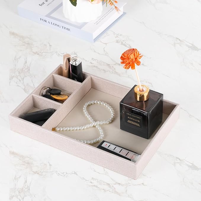 Desktop Storage Organizer, Nightstand or Dresser Organizer, Valet Tray, Entry Table Organizer, 4 Compartments,PU Leather Drawer Storage Organizer Decorative Trays. (Pearl White—2)-NeatNest
