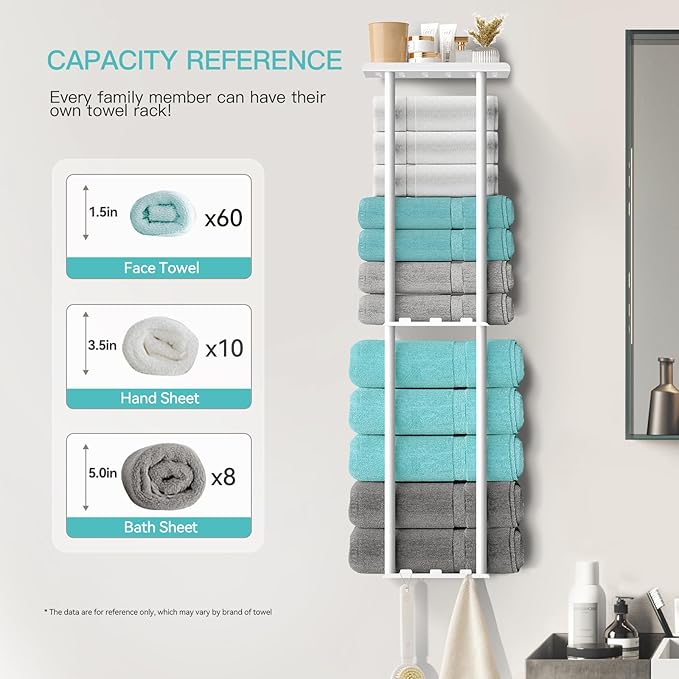 Towel Racks for Bathroom, 36.6 inch Metal Towel Storage, 8 Large Bath Towels Capacity, 3-Tier Towel Holder for Bathroom, with Shelf & 6 Hooks, Wall Mounted Towel Rack for Rolled Towels, White