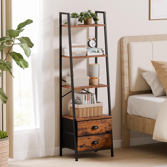 Furologee 4-Tier Ladder Shelf,Small Bookshelf with 2 Drawers,Vertical Bookcase Storage Rack Organizer,Rustic Bookshelves for Living Room,Bedroom,Bathroom,Home Office,Kitchen,Rustic Brown