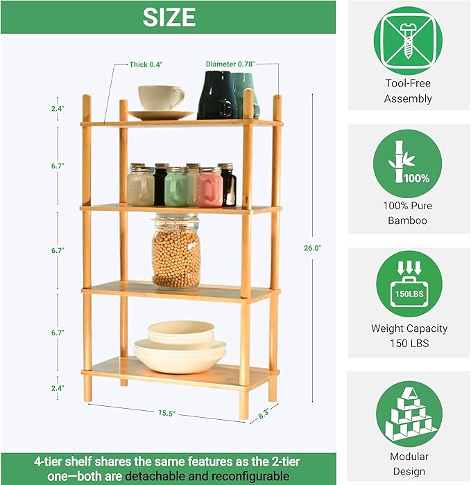Bamboo Rack | Tool-Free Expandable (2-6 Tiers) | Kitchen Spice Organizer & Office Breakroom Snack/Cup Storage (Natural Bamboo)(Powered by Gogogo) (Natural, 15.6" W(4 Tier))-NeatNest
