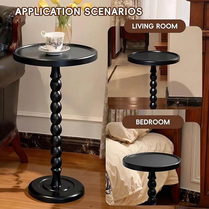 Small Accent Wood End Table, 12inch Round Bedside Table, Natural Side Table Nightstand for Family, Bedroom, Living Room, Handcrafted Finish, Black