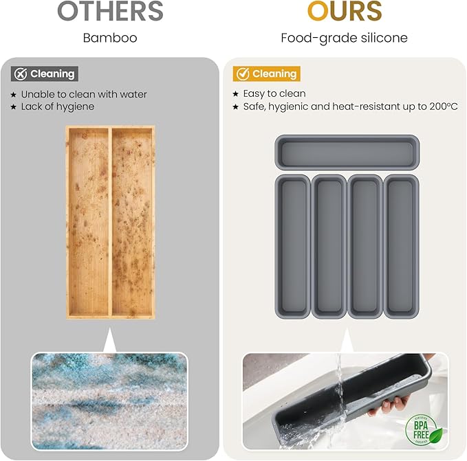 5 Pack Silicone Drawer Organizer for Kitchen, DIY Free Combination Silverware Organizer, Utensil Drawer Organizer, Moisture-proof and Heat-resistant up to 200°C, Anti-slip and Environmentally (Grey)-NeatNest