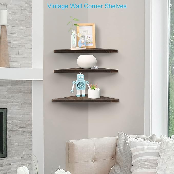 Joiishom Corner Wall Shelf Set of 3, Floating Corner Shelves, Rustic Wood Wall Storage Display Shelves for Living Room, Bedroom, Bathroom, Kitchen (Dark Brown)-NeatNest