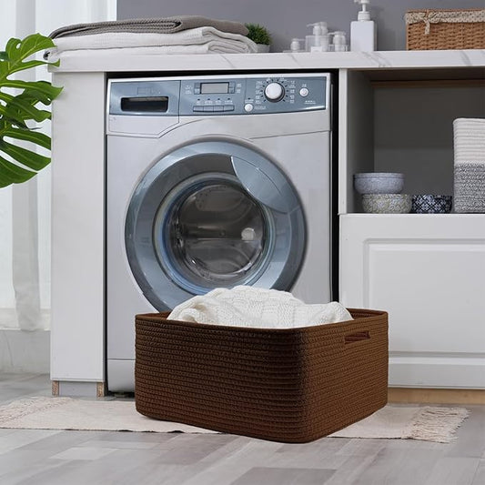 COMFY-HOMI Cotton Rope Woven Basket with Handles for Shelves,Toys,Book, Cloth Storage Baskets for Organizing-17" x 13" x 7.5" Toy Decorative Organizer for Living Room, Bathroom (dark brown)-NeatNest