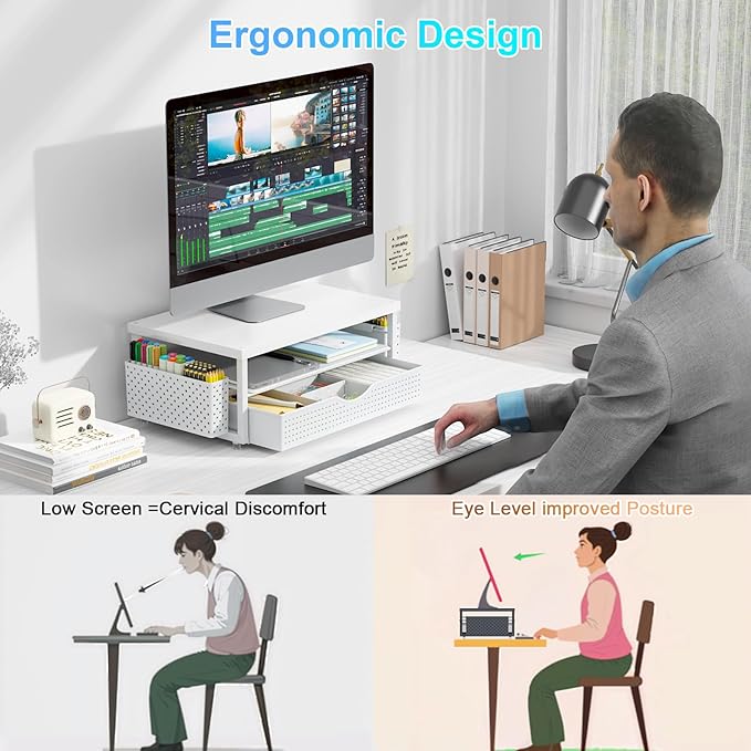 gianotter Wood Monitor Stand Riser, Office Desk Shelf Organizer, Desk Organizer with Drawer and Pen Holder, 2-Tier Computer Stand, Office Organization (Matte White)-NeatNest