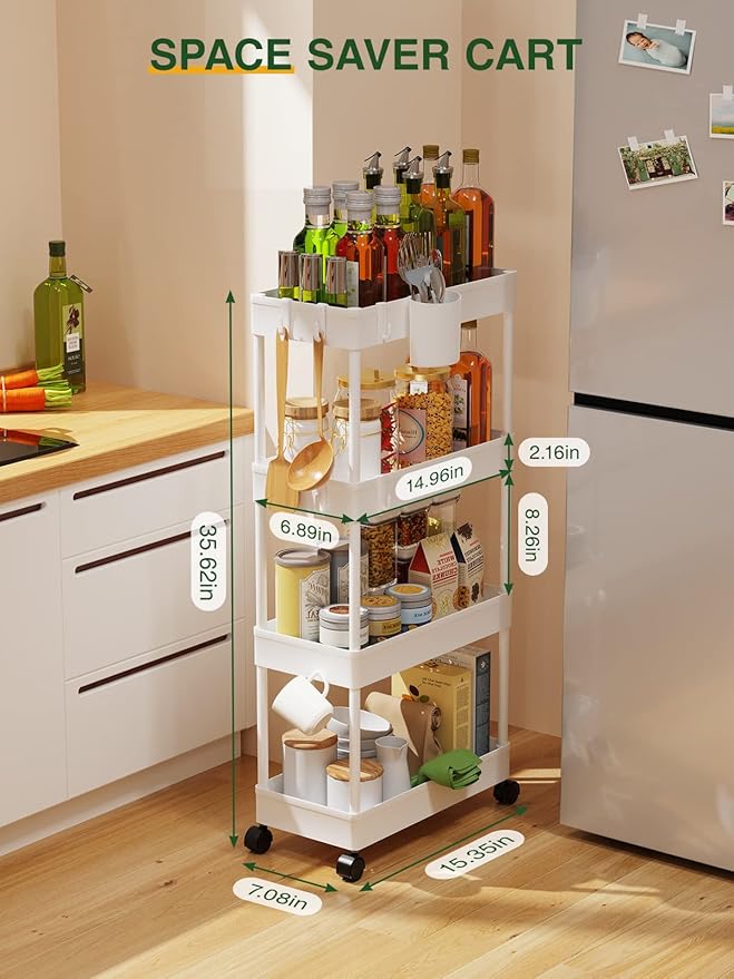 LEHOM Slim Rolling Storage Cart - 4 Tiers Bathroom Organizer Utility Cart Slide Out Storage Shelves Mobile Shelving Unit for Kitchen, Bedroom, Office, Laundry Room, Small Narrow Spaces (Pear White)