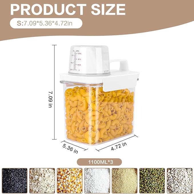 Air Tight Cereal Container Organizer Set of 3-1100ML Total 111oz, Dry Food Storage for Pet Food, Rice, Oatmeal with Pour Spout Lid & Small Plastic Measuring Cup for Flour and Sugar