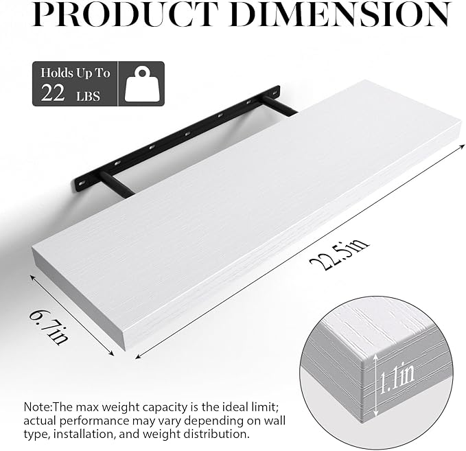 BAYKA Floating Shelves for Wall, 22.5 inches Wall Mounted Rustic Wood Shelves for Bathroom, Bedroom, Living Room, Floating Shelves for Books/Storage/Decor (White,Set of 3)-NeatNest