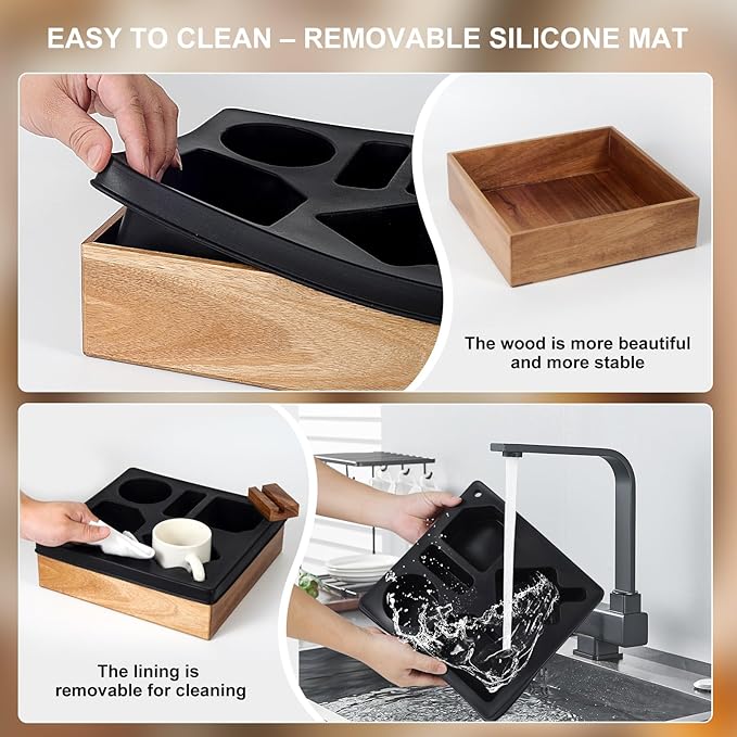 Couch Cup Holder Tray – Spill-Proof Wooden Sofa Organizer with Silicone Insert for Snacks, Drinks, Remote & Phone, Waterproof Caddy for Bed, Car, RV & Living Room (Black)-NeatNest