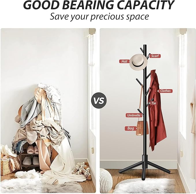 Durable Wooden Coat Rack, Freestanding Coat Rack with Stable Triangular Base, 8 Hooks & 3 Adjustable Heights, Simple Assembly for Bedroom, Hallway, Office(New Black)-NeatNest