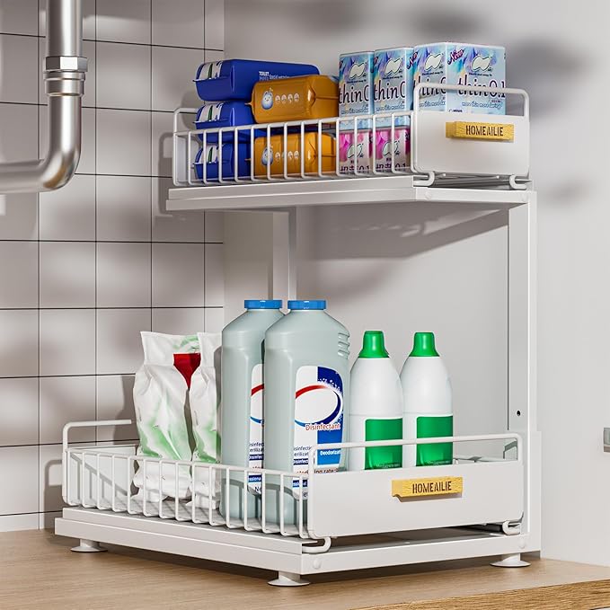 Under Sink Organizer, High Adjustable 2 Tier Under Kitchen Sink Organizer, Multi-Purpose Storage Shelf for Kitchen Bathroom Cabinet, White-NeatNest