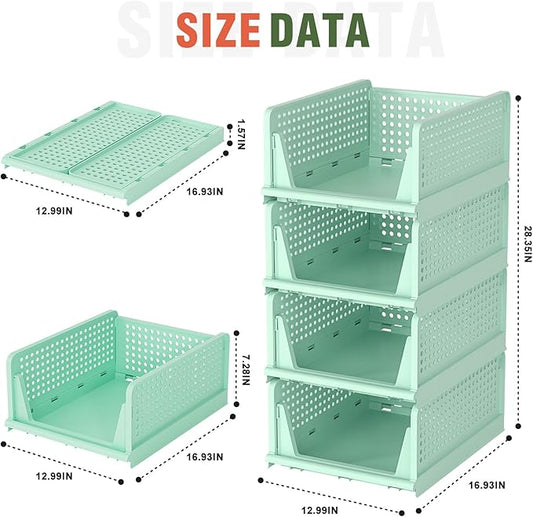 Closet Organizer, 4 Pack Stackable Storage Bins for Closet Shelves, Plastic Storage Drawers Basket Weekly Clothes Organizer for Kids(4L)(Green)-NeatNest
