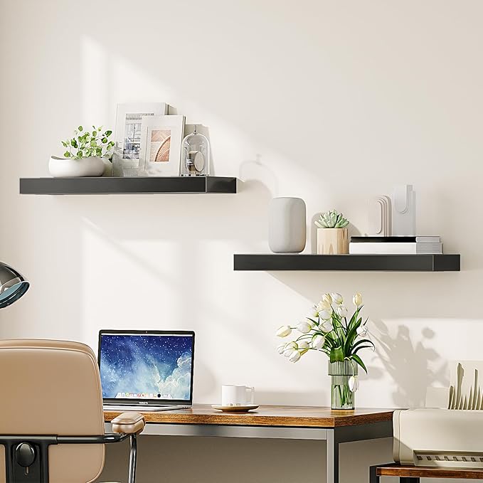 HOOBRO Floating Shelves for Wall, Wall Mounted Shelf Set of 2, 23.6" Hanging Shelf with Invisible Brackets, for Wall in Bathroom, Bedroom, Toilet, Kitchen, Living Room, Office, Black BK60BJ01-NeatNest