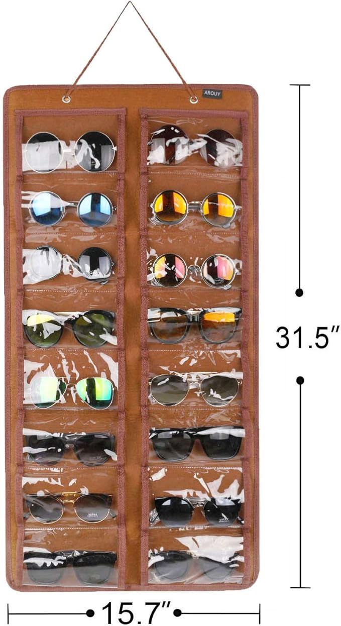 AROUY Sunglasses Organizer - Hanging Wall Pocket with 16 Felt Slots, Metal Hook and Sturdy Rope (Brown, Dust Proof)-NeatNest