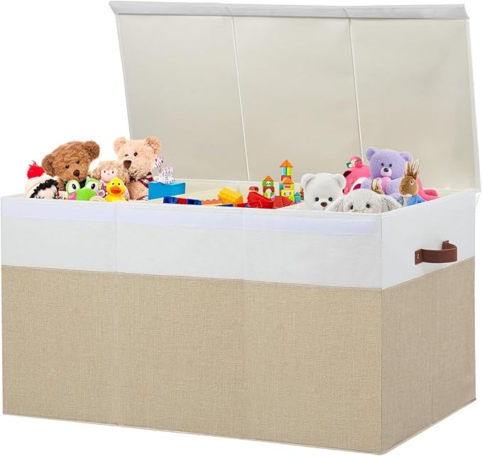 Extra Large Toy Storage Box with Lid, Sturdy Toys Storage Chest Bin Organizer Basket with Dividers for Kids, Boys, Girls, Nursery, Closet, Bedroom, Playroom 35.5"x17" x17" (Beige and White)-NeatNest
