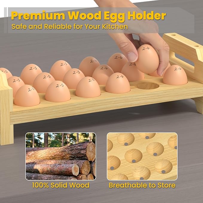 Egg Holder Countertop, 2 Tier Stackable Wooden Egg Holder for 36 Eggs, Egg Stand with Handle for Kitchen Organizer, Fits Quail, Duck, Turkey, Chicken Eggs